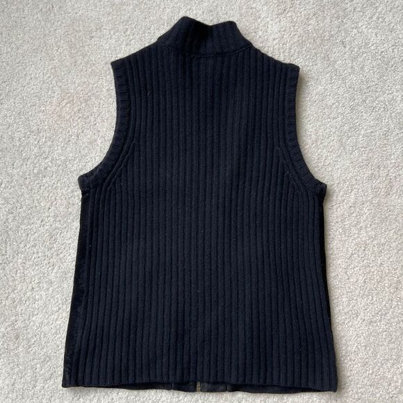 LRL LAUREN Ralph Lauren Black Suede Zip Front Merino Wool Ribbed Sweater Back Ve - Picture 6 of 7